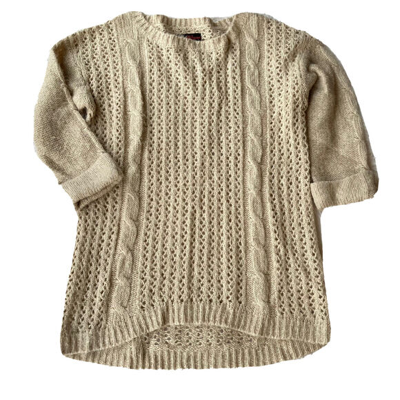 JJ Basics Sweater Sz L Cuffed Sleeves Open Knit Oatmeal Color Nordstrom Casual - Picture 1 of 9
